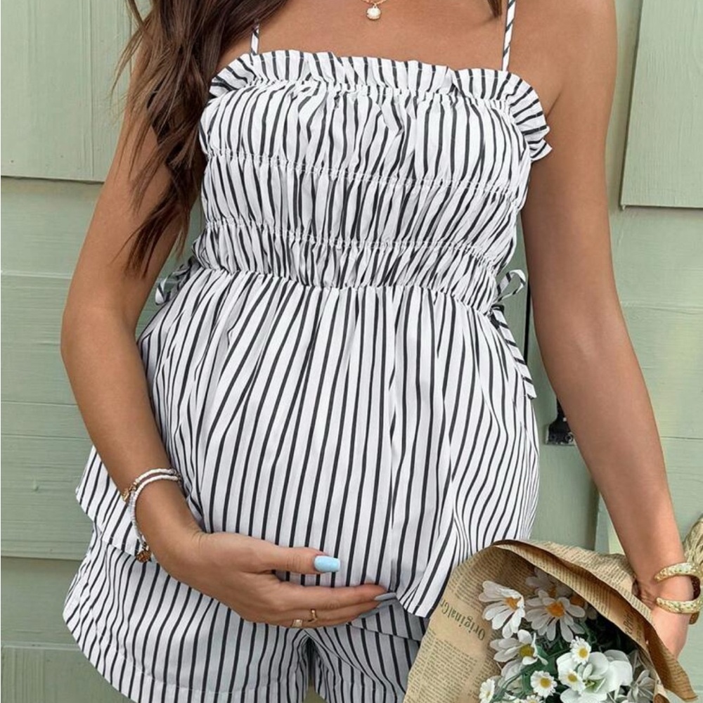 Striped White & Black Maternity Romper - Women's Sleeveless Jumpsuit